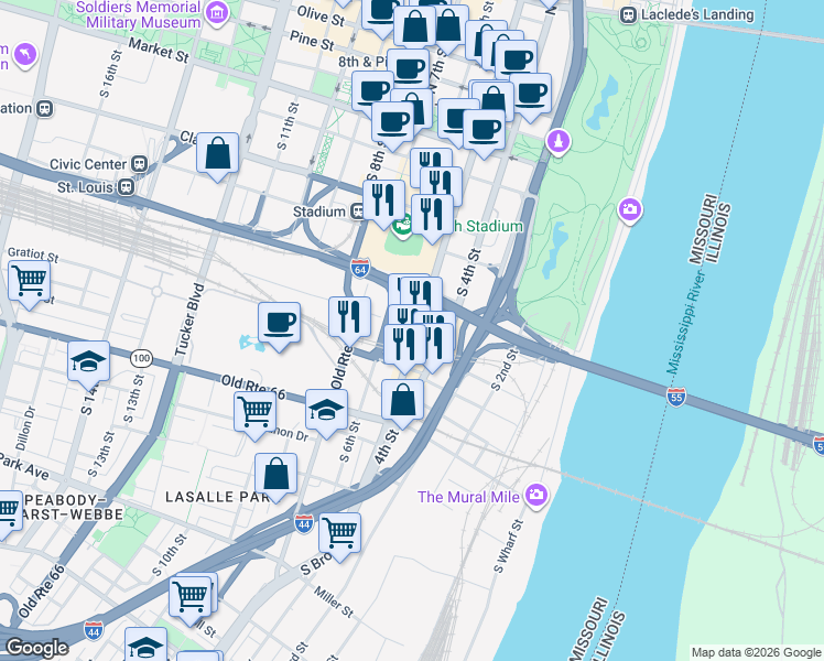 map of restaurants, bars, coffee shops, grocery stores, and more near 601-619 South Broadway in St. Louis
