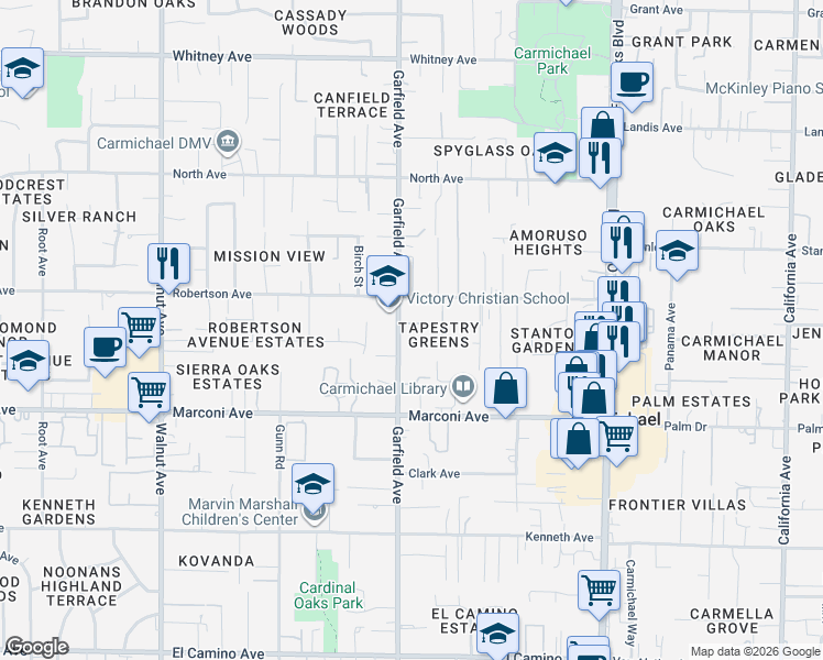 map of restaurants, bars, coffee shops, grocery stores, and more near 3044 Garfield Avenue in Carmichael
