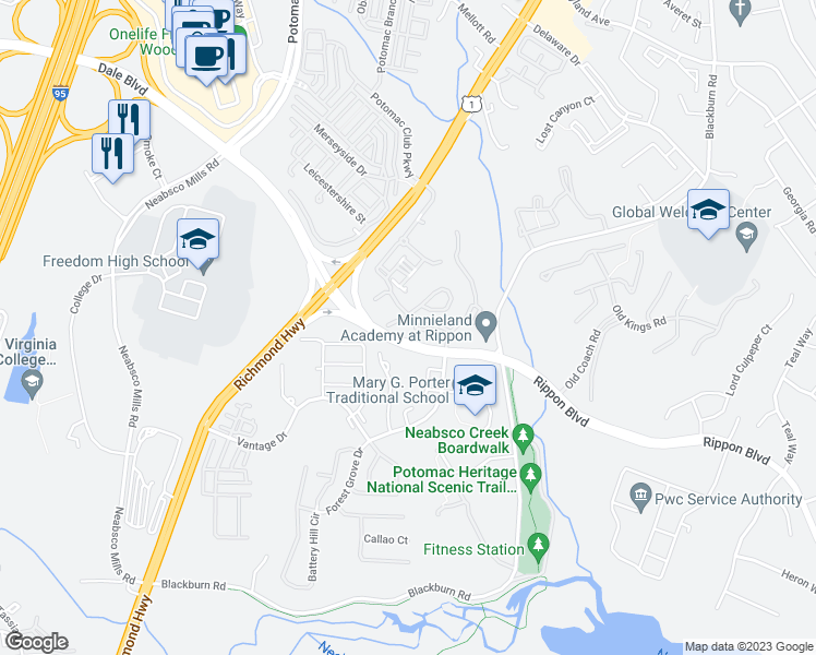 map of restaurants, bars, coffee shops, grocery stores, and more near 2147 Old Landing Way in Woodbridge
