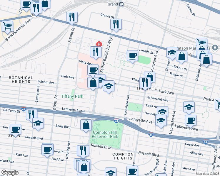 map of restaurants, bars, coffee shops, grocery stores, and more near 3521 Park Avenue in St. Louis