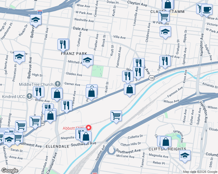 map of restaurants, bars, coffee shops, grocery stores, and more near 1936 Kraft Street in St. Louis