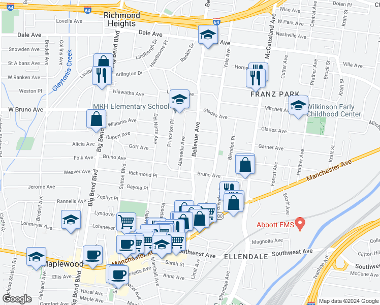 map of restaurants, bars, coffee shops, grocery stores, and more near 2035 Bellevue Avenue in Maplewood