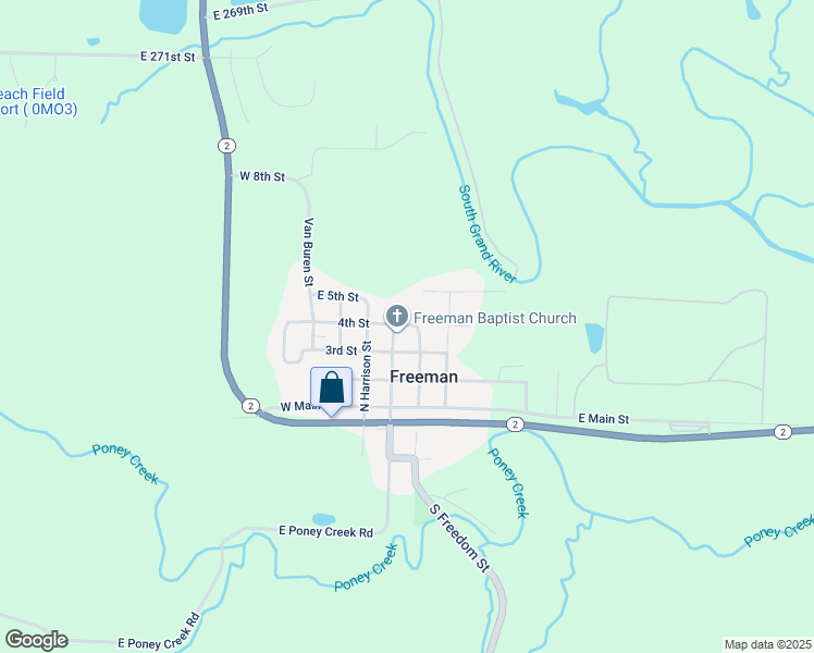 map of restaurants, bars, coffee shops, grocery stores, and more near 103 East 5th Street in Freeman