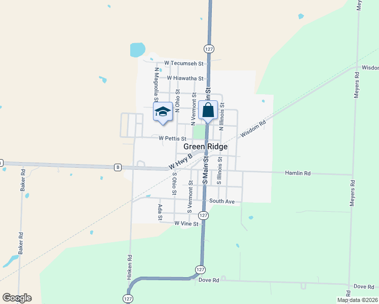 map of restaurants, bars, coffee shops, grocery stores, and more near 101 South Vermont Street in Green Ridge