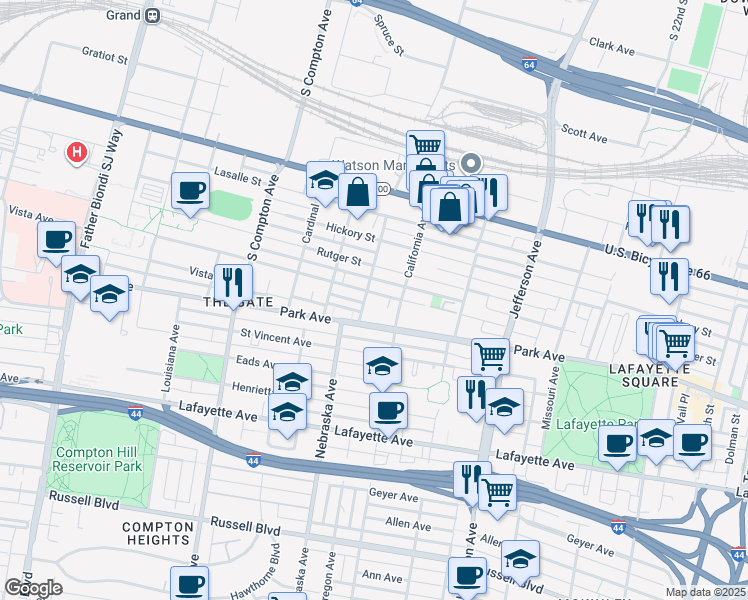 map of restaurants, bars, coffee shops, grocery stores, and more near 2814 Rutger Street in St. Louis