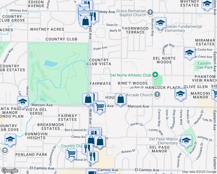map of restaurants, bars, coffee shops, grocery stores, and more near 3009 Valkyrie Way in Sacramento