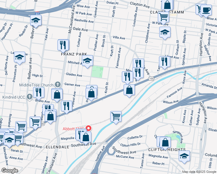 map of restaurants, bars, coffee shops, grocery stores, and more near 1936 Kraft Street in St. Louis
