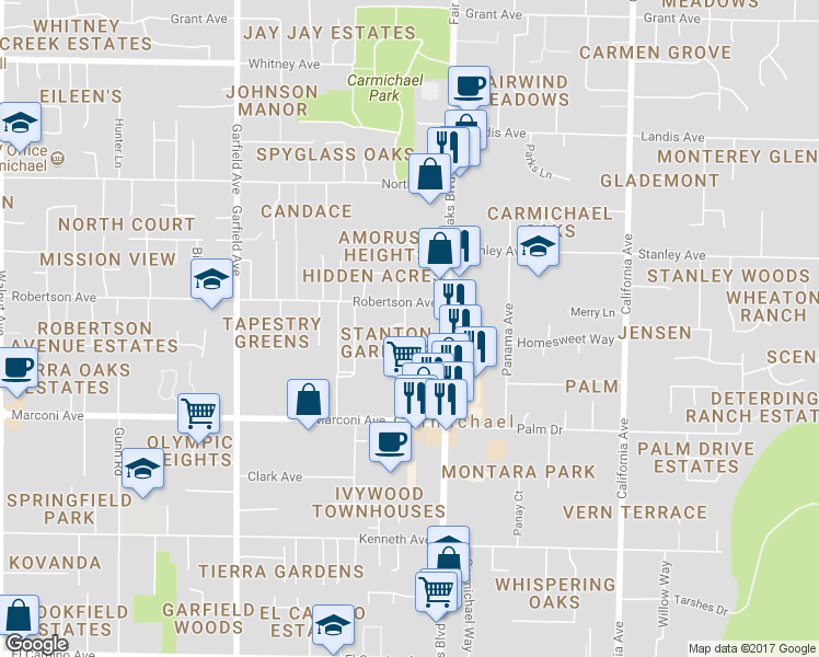 map of restaurants, bars, coffee shops, grocery stores, and more near in Carmichael
