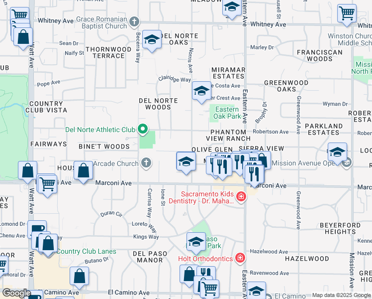 map of restaurants, bars, coffee shops, grocery stores, and more near 3019 Norris Avenue in Sacramento
