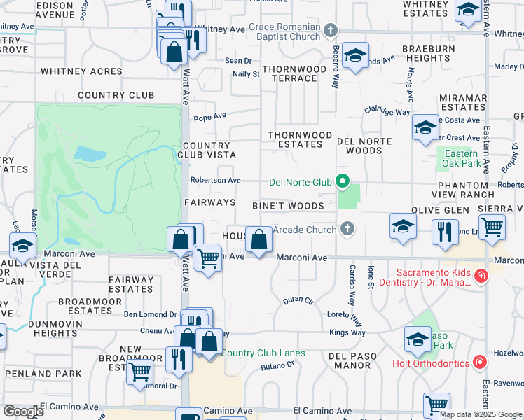 map of restaurants, bars, coffee shops, grocery stores, and more near 3037 Montclaire Street in Sacramento