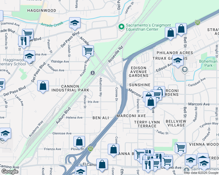 map of restaurants, bars, coffee shops, grocery stores, and more near 1923 Juliesse Avenue in Sacramento