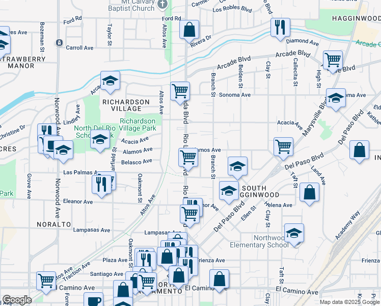 map of restaurants, bars, coffee shops, grocery stores, and more near 2906 Rio Linda Boulevard in Sacramento