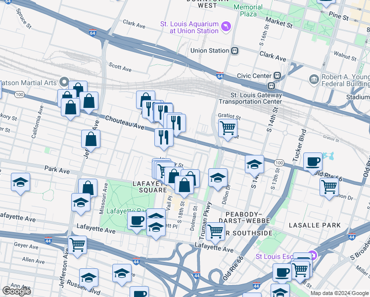 map of restaurants, bars, coffee shops, grocery stores, and more near 1906 Chouteau Avenue in St. Louis