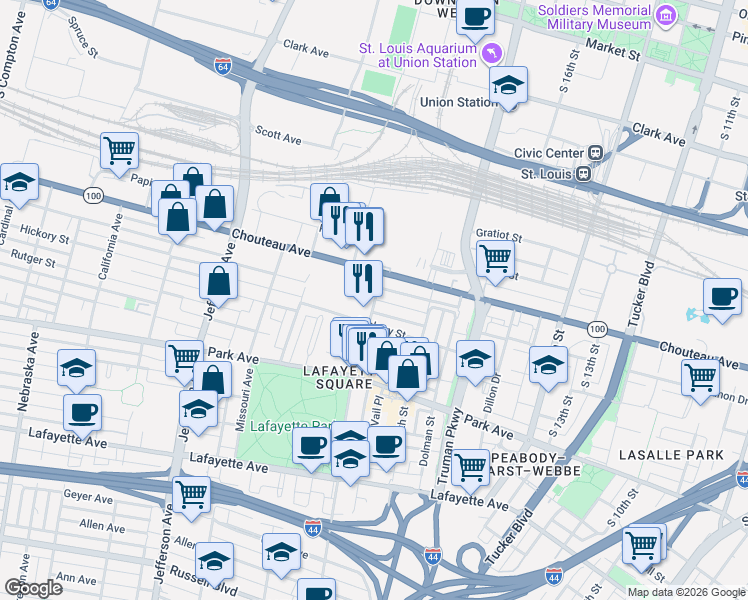 map of restaurants, bars, coffee shops, grocery stores, and more near 3026 Laclede Avenue in St. Louis