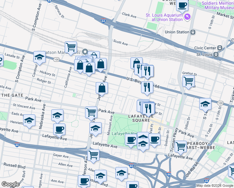 map of restaurants, bars, coffee shops, grocery stores, and more near 2305 Hickory Street in St. Louis