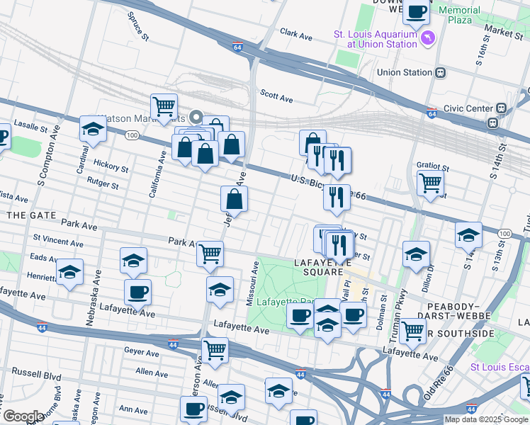 map of restaurants, bars, coffee shops, grocery stores, and more near 2305 Hickory Street in St. Louis