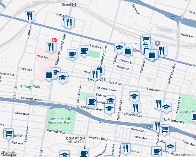 map of restaurants, bars, coffee shops, grocery stores, and more near 1400 South Compton Avenue in St. Louis