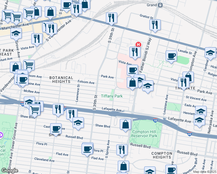 map of restaurants, bars, coffee shops, grocery stores, and more near 3827 Folsom Avenue in St. Louis