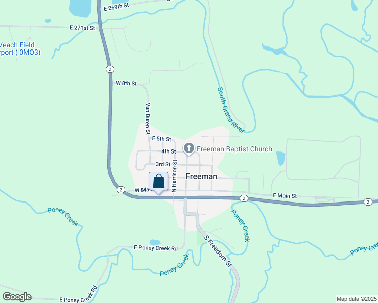 map of restaurants, bars, coffee shops, grocery stores, and more near 103 East 5th Street in Freeman