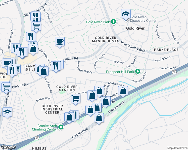 map of restaurants, bars, coffee shops, grocery stores, and more near 2269 Newcastle Gap Drive in Gold River