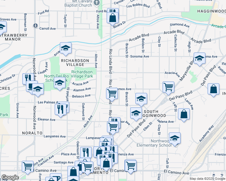 map of restaurants, bars, coffee shops, grocery stores, and more near 2906 Rio Linda Boulevard in Sacramento