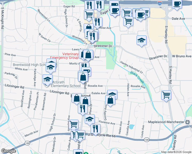map of restaurants, bars, coffee shops, grocery stores, and more near 8752 Bridgeport Avenue in Brentwood