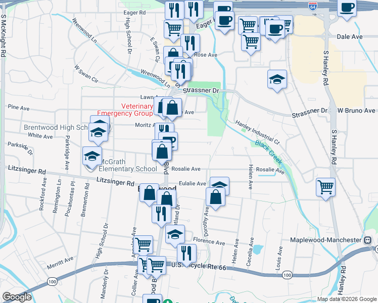 map of restaurants, bars, coffee shops, grocery stores, and more near 8752 Bridgeport Avenue in Brentwood