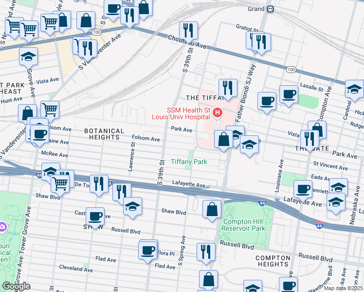 map of restaurants, bars, coffee shops, grocery stores, and more near 3828 Folsom Avenue in St. Louis