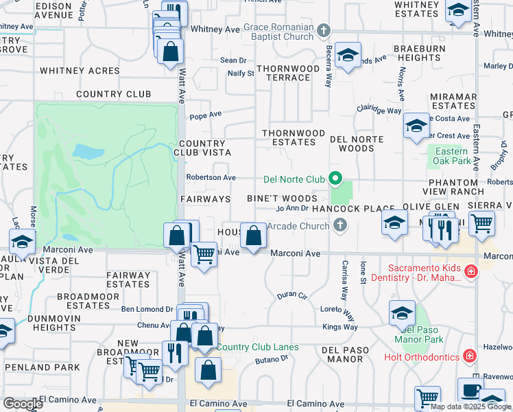 map of restaurants, bars, coffee shops, grocery stores, and more near 3037 Montclaire Street in Sacramento