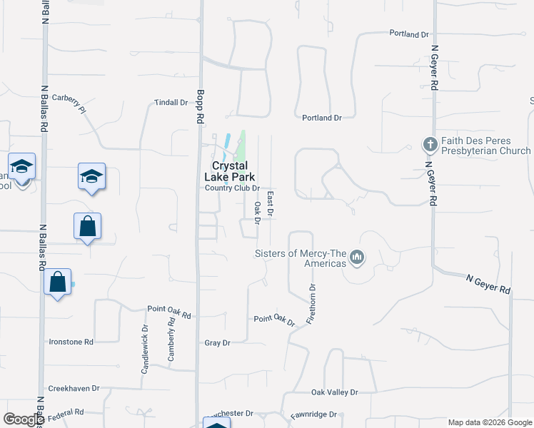 map of restaurants, bars, coffee shops, grocery stores, and more near 2150 Oak Drive in St. Louis