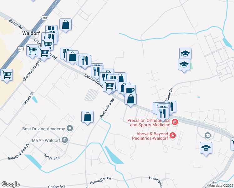 map of restaurants, bars, coffee shops, grocery stores, and more near 3400 Leonardtown Road in Waldorf