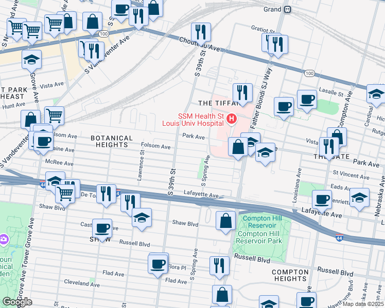 map of restaurants, bars, coffee shops, grocery stores, and more near 3830 Folsom Avenue in St. Louis