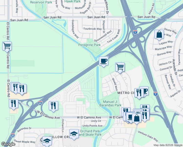 map of restaurants, bars, coffee shops, grocery stores, and more near Dwight D. Eisenhower Highway in Sacramento