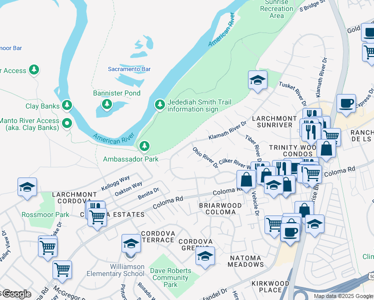 map of restaurants, bars, coffee shops, grocery stores, and more near 1732 Klamath River Drive in Rancho Cordova