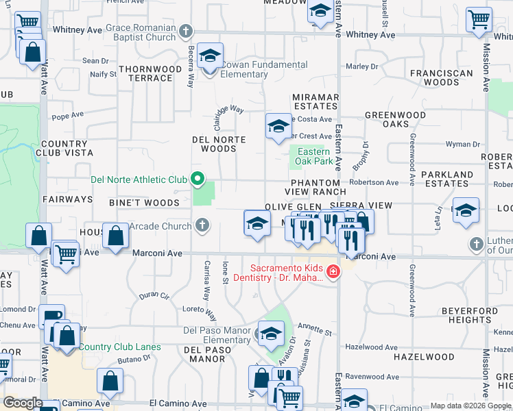 map of restaurants, bars, coffee shops, grocery stores, and more near 3019 Norris Avenue in Sacramento