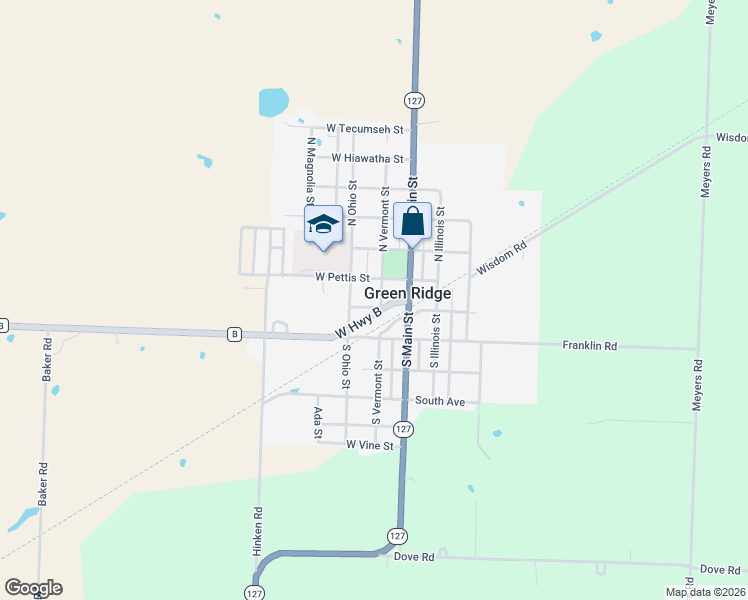 map of restaurants, bars, coffee shops, grocery stores, and more near 101 South Vermont Street in Green Ridge