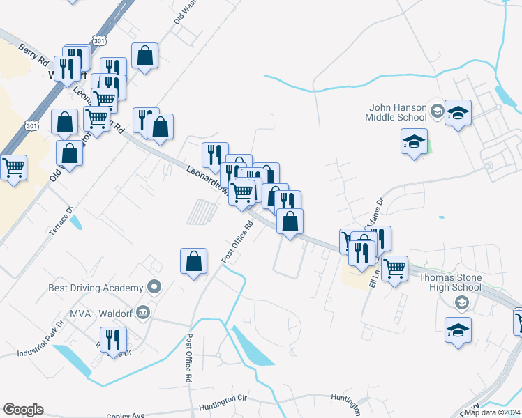 map of restaurants, bars, coffee shops, grocery stores, and more near 3400 Leonardtown Road in Waldorf
