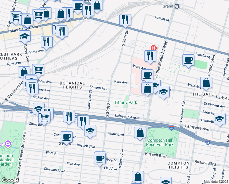 map of restaurants, bars, coffee shops, grocery stores, and more near 3869 Folsom Avenue in St. Louis