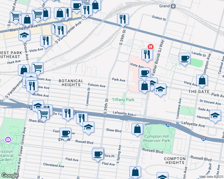 map of restaurants, bars, coffee shops, grocery stores, and more near 3869 Folsom Avenue in St. Louis