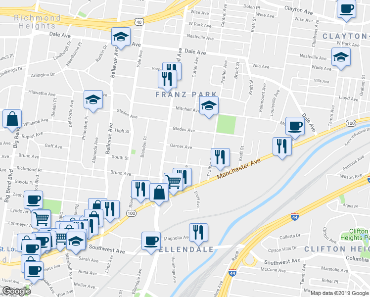 map of restaurants, bars, coffee shops, grocery stores, and more near 6851 Garner Avenue in St. Louis