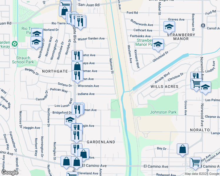 map of restaurants, bars, coffee shops, grocery stores, and more near 301 Wisconsin Avenue in Sacramento