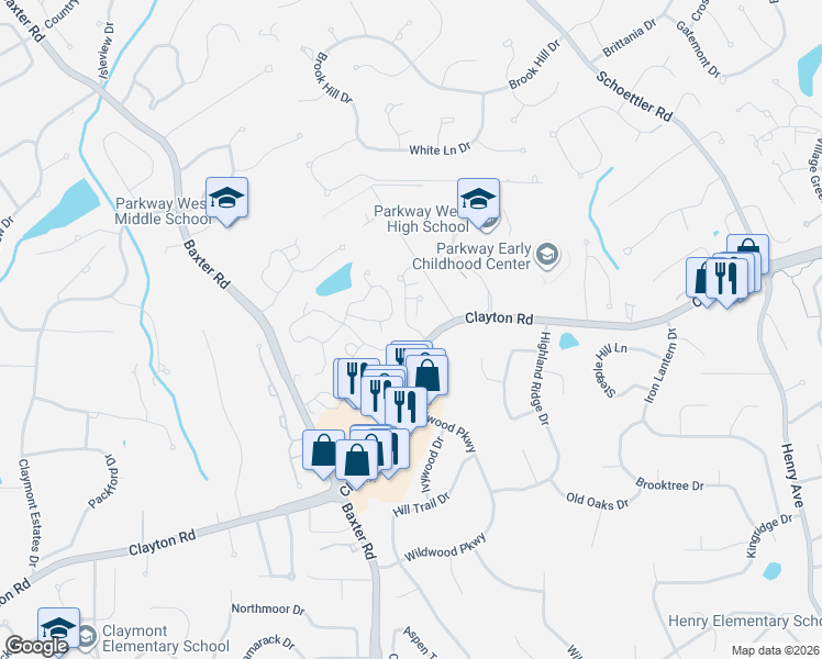 map of restaurants, bars, coffee shops, grocery stores, and more near 2433 Clayborn Drive in Chesterfield