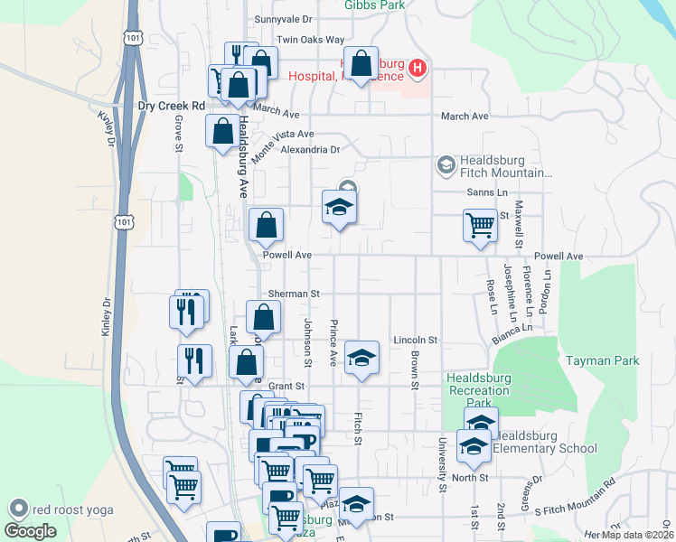 map of restaurants, bars, coffee shops, grocery stores, and more near 232 Powell Avenue in Healdsburg