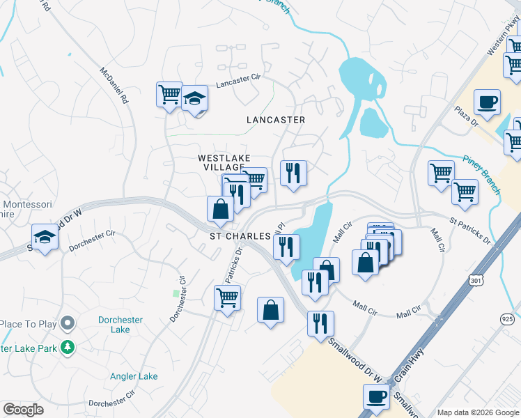map of restaurants, bars, coffee shops, grocery stores, and more near 185 Saint Patricks Drive in Waldorf
