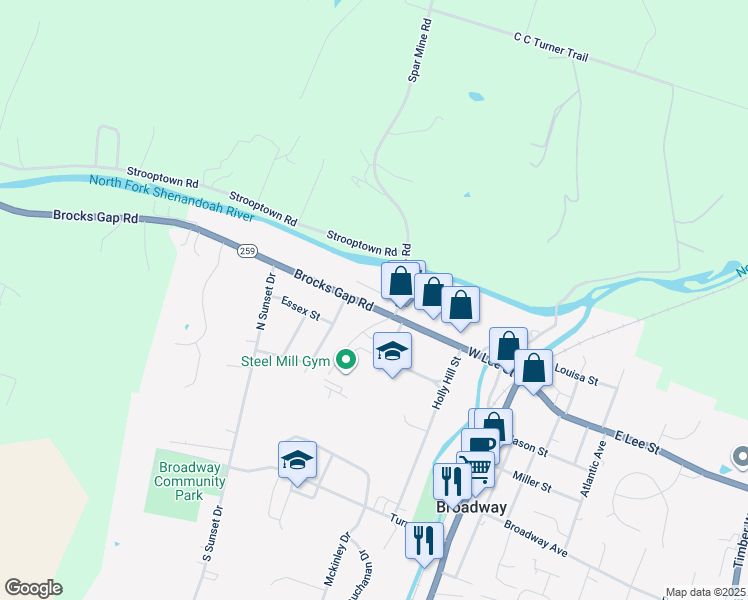 map of restaurants, bars, coffee shops, grocery stores, and more near 289 Brocks Gap Road in Broadway