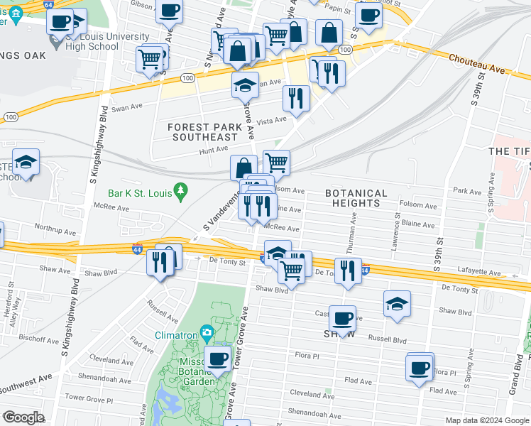 map of restaurants, bars, coffee shops, grocery stores, and more near 1618 Tower Grove Avenue in Saint Louis