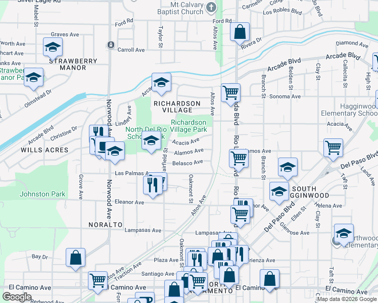 map of restaurants, bars, coffee shops, grocery stores, and more near 660 Acacia Avenue in Sacramento