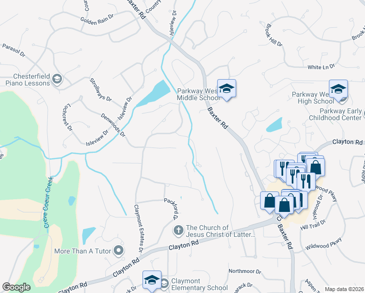 map of restaurants, bars, coffee shops, grocery stores, and more near 1740 Millstream Drive in Chesterfield