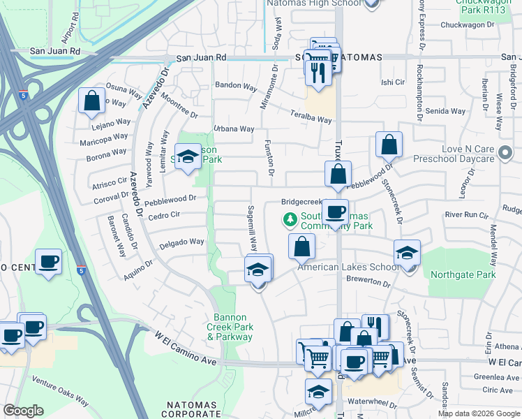 map of restaurants, bars, coffee shops, grocery stores, and more near 2960 Sagemill Way in Sacramento