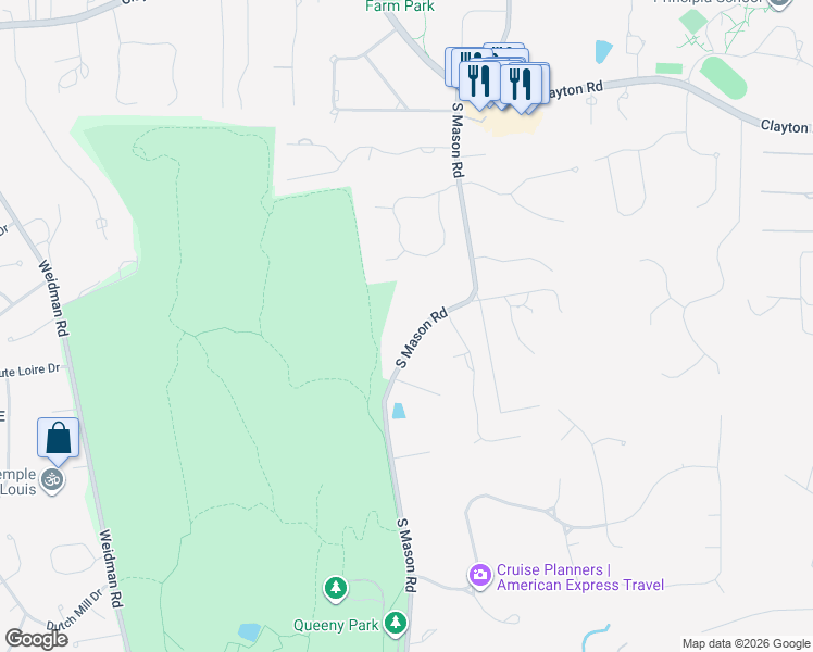 map of restaurants, bars, coffee shops, grocery stores, and more near 1359 South Mason Road in St. Louis